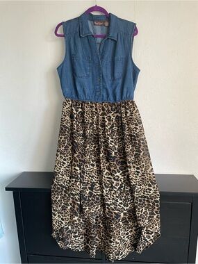 Speed Control Denim Bodice Leopard High-Low Dress - Blue and Brown